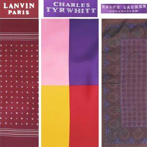 Ralph Lauren Lanvin Charles Tyrwhitt Men's Set of 3 Silk Pocket Squares Designer